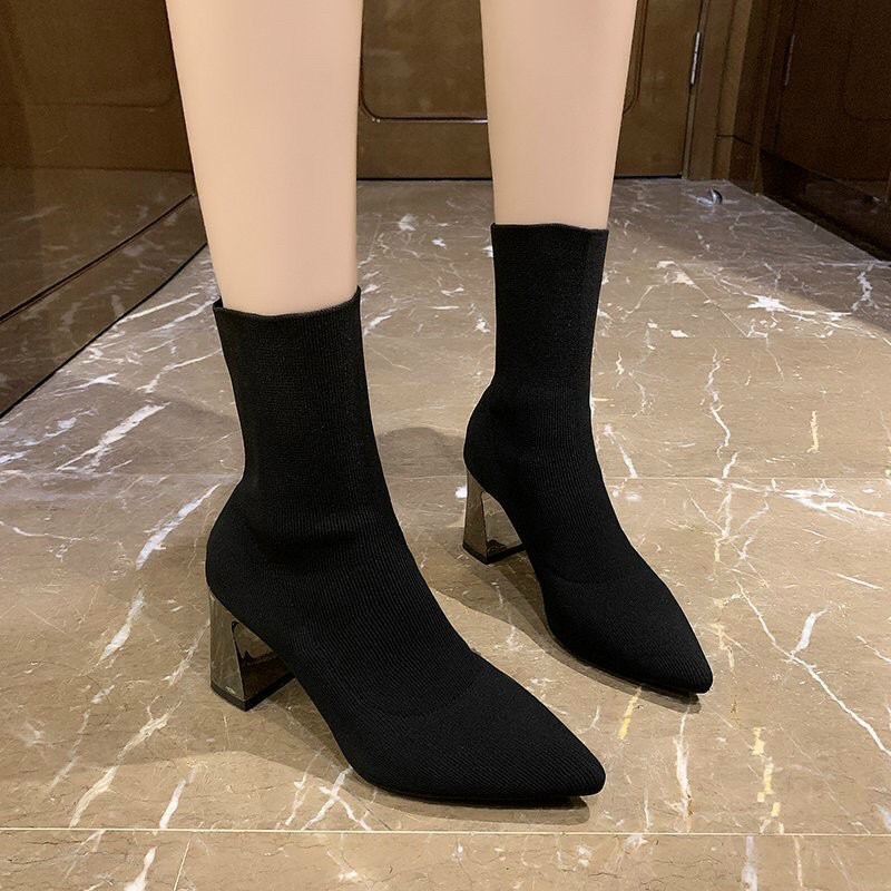 Giày boots nữ len cổ lửng đế tráng Gương Cao Cấp , bốt nữ cao gót 7cm cổ chun thời trang Mới | BigBuy360 - bigbuy360.vn