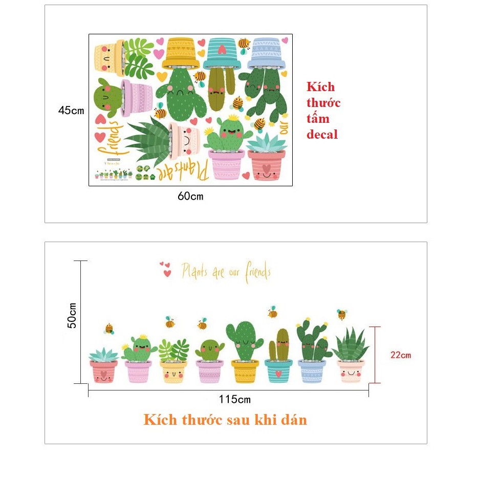 Decal dán tường chậu cây xương rồng cute