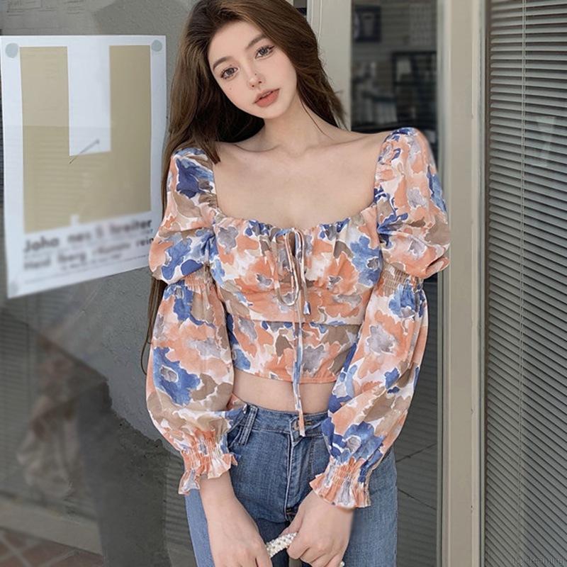 Áo Chiffon Nữ Tay Dài Cổ Vuông In Hoa Thời Trang