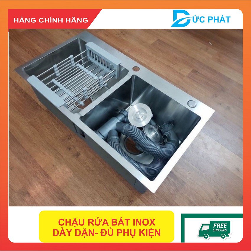 Chậu rửa bát inox đúc 2 hố dày dặn - chậu rửa bát không gỉ Tặng rổ rút đa năng