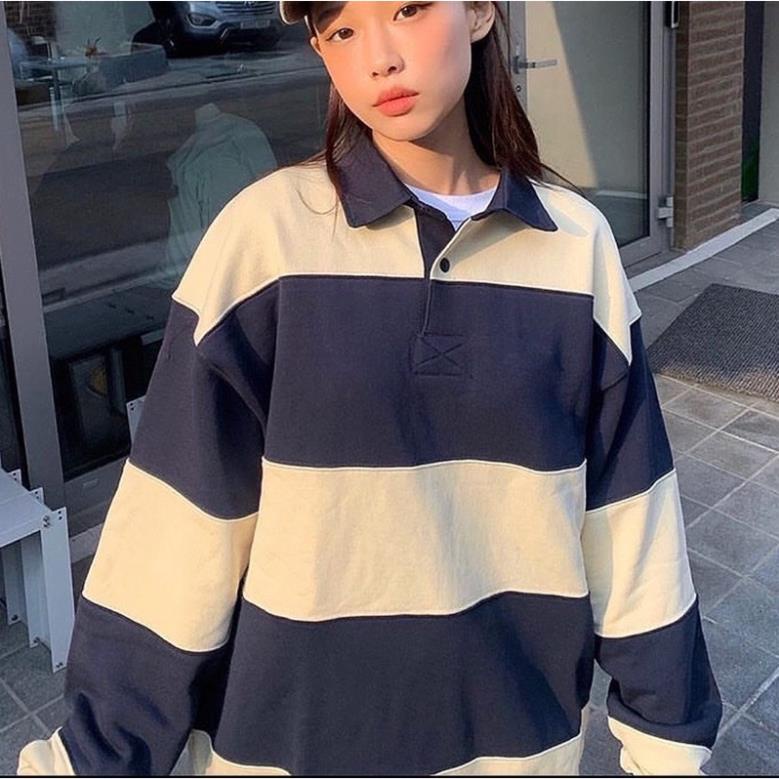 Áo sweater polo form rộng sọc ngang nỉ da cá cao cấp ulzzang nam nữ