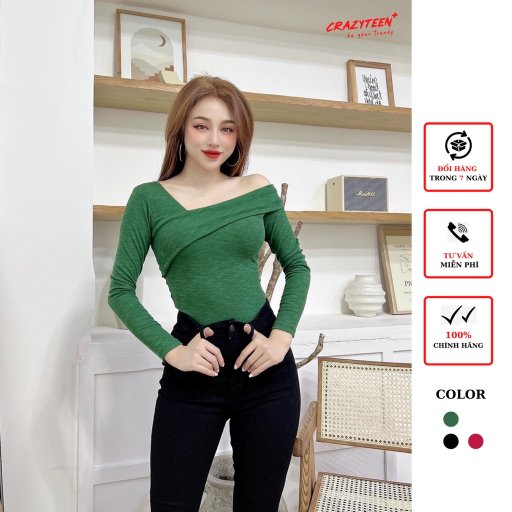 Áo thun kiểu nữ CRAZYTEEN tay dài lệch vai AT0242