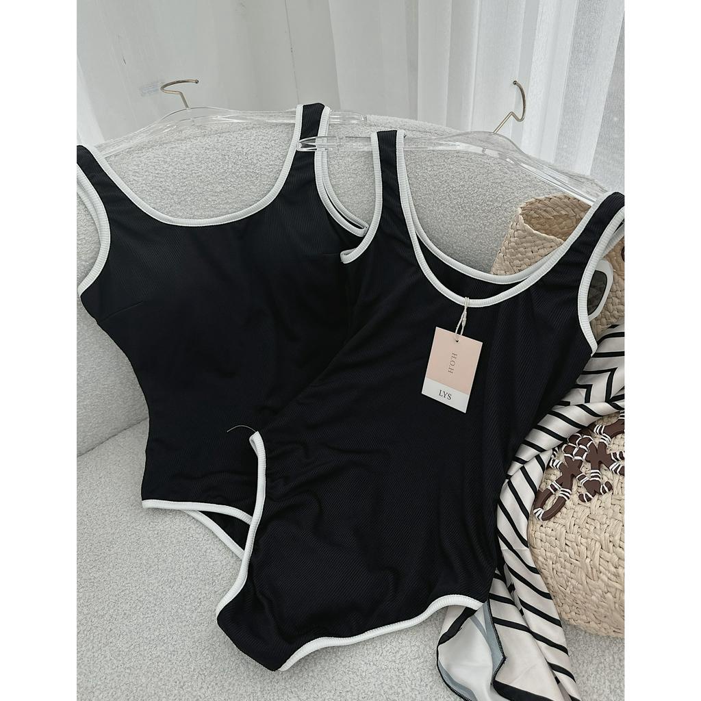 BIKINI GÂN ĐEN 2 DÂY CỔ U RỘNG VIỀN TRẮNG (CÓ MÚT NGỰC)