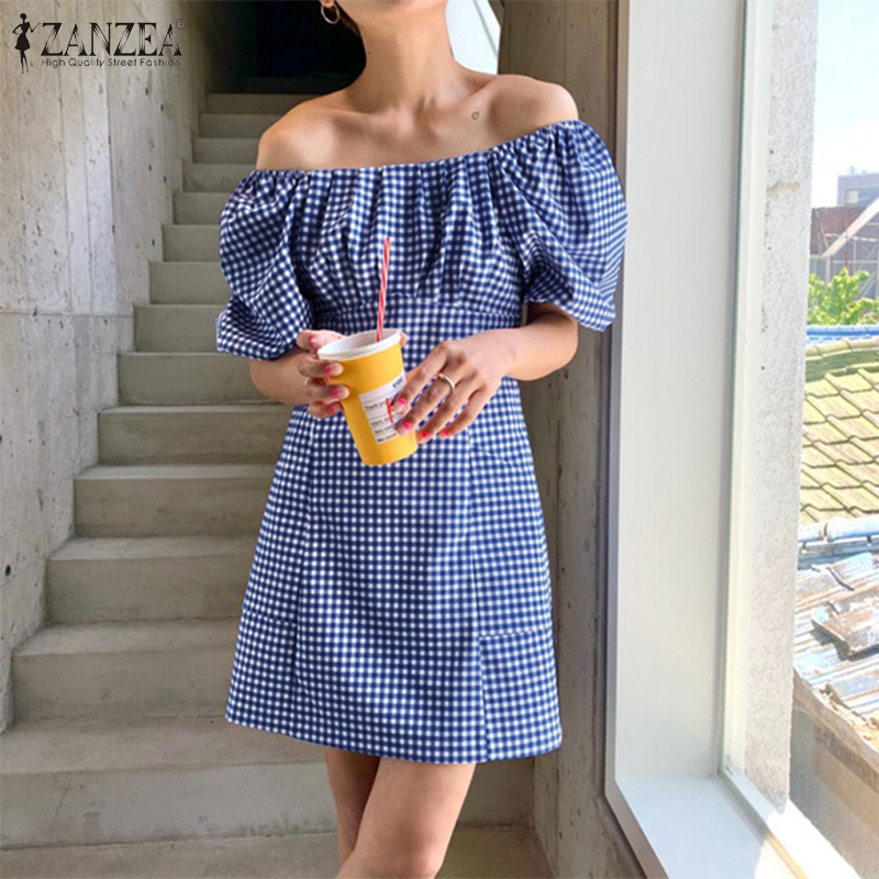 ZANZEA Women Off Shouder Plaid Elastic Cuff Square Collar Casual Mini Dress
