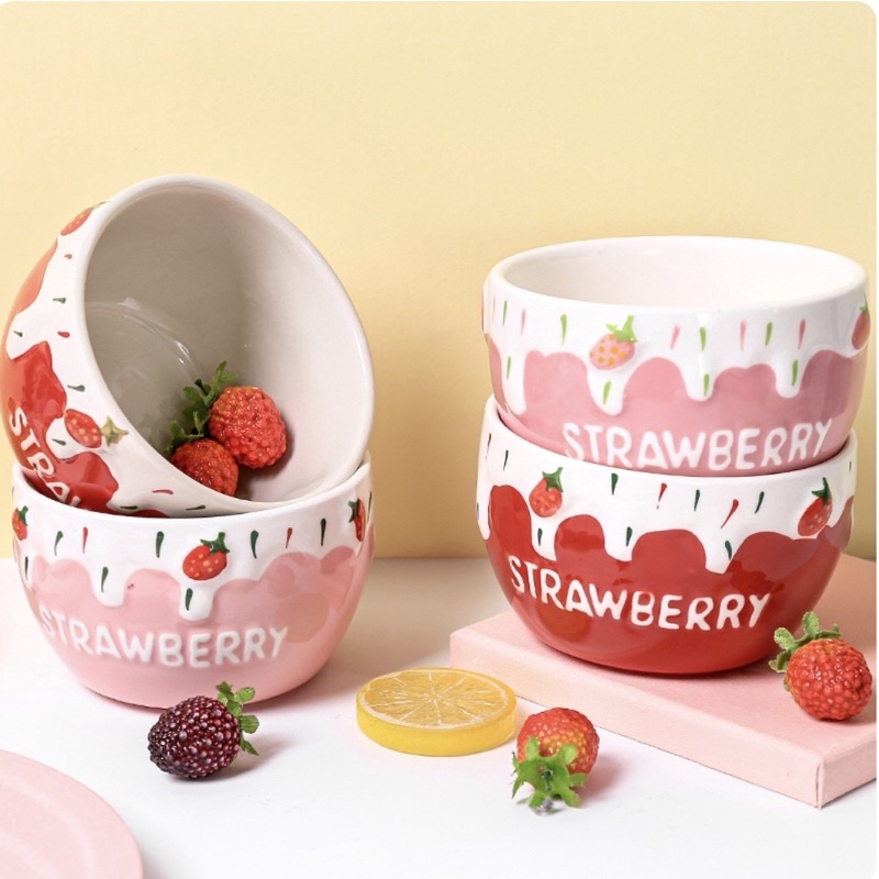 Bát cơm sứ hoạ tiết dâu tây màu sắc siêu yêu chụp ảnh xịn xò