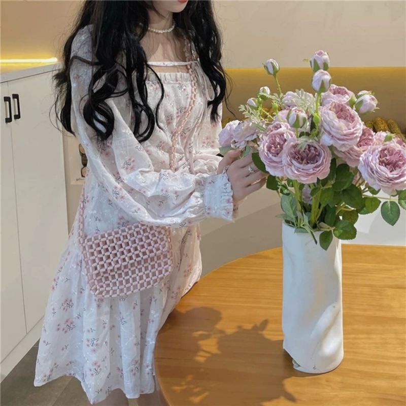 Đầm hai dây hoa nhí ngắn xòe + áo khoác ngoài voan hoa nhí oder taobao