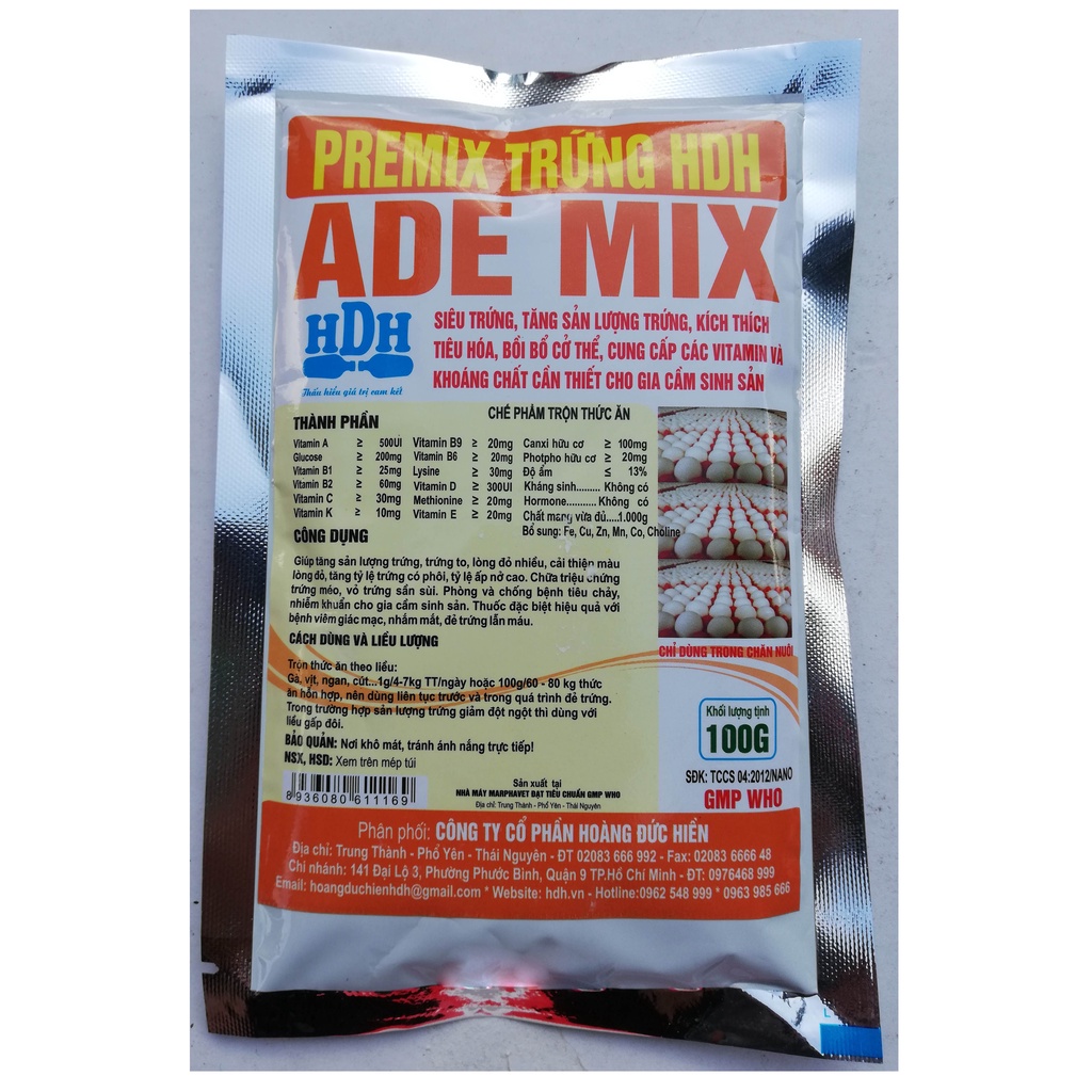 1 gói ADE PREMIX 100gSiêu trứng, tăng sản lượng trứng cung cấp các vitamin và khoáng chất cần thiết cho gia cầm sinh sản
