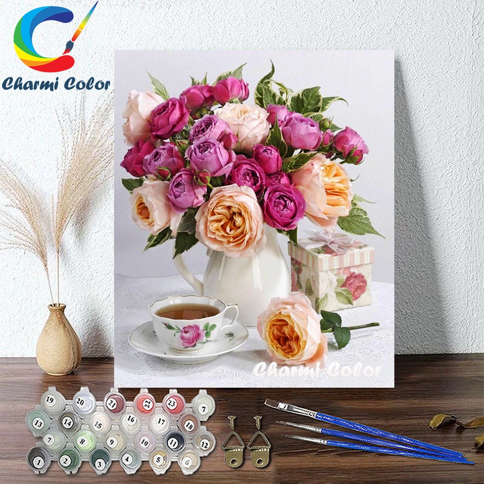 Tranh sơn dầu số hoá đã căn sẵn khung 40x 50 cm (painting by number DIY)-Lọ hồng bên tách trà DZRSB8171