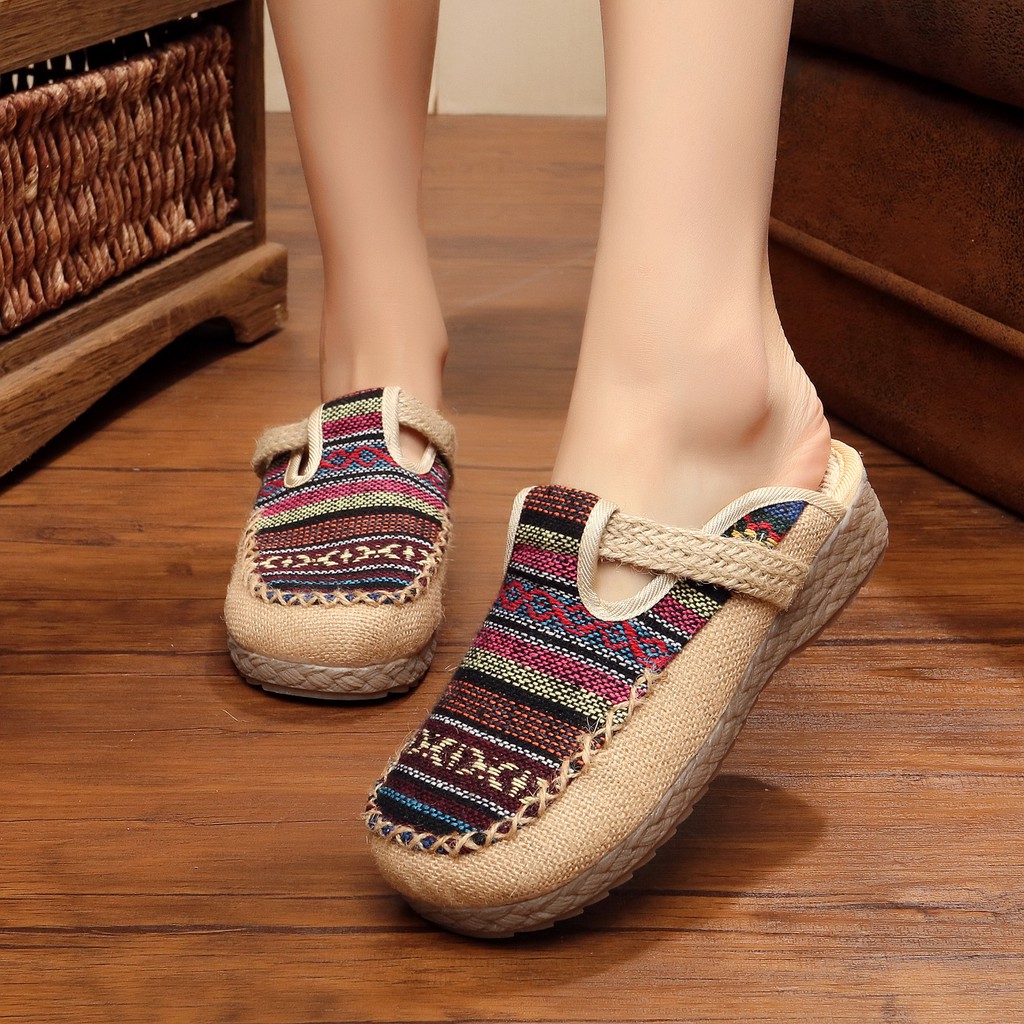 Dép cói phong cách vintage vải canvas thêu hoa lá thổ cẩm đế cao su bền đẹp dễ phối đồ