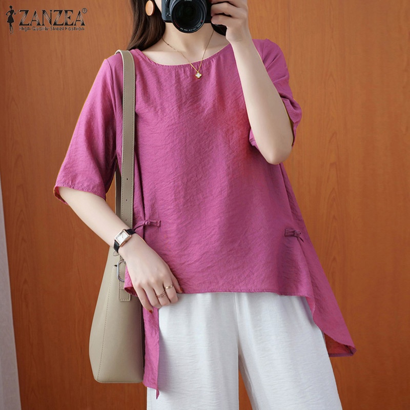 Zanzea Áo Thun Tay Ngắn Cổ Tròn Vạt Lệch Cá Tính Cho Nữ