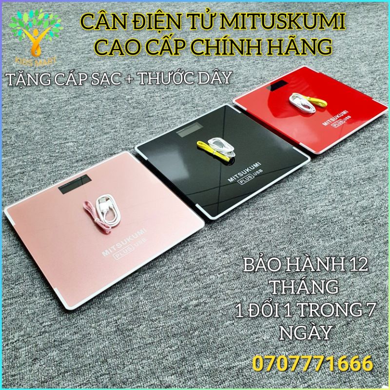Cân sức khỏe điện tử, cân điện tử ,Mitsukumi hiển thị nhiệt độ, tặng cáp sạc + thước dây