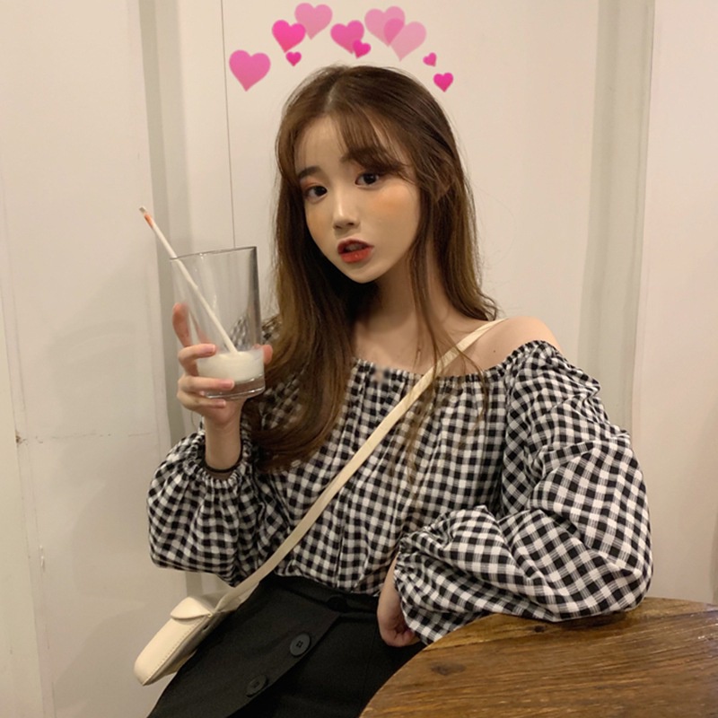 Áo Sơ Mi Chiffon Tay Dài Hở Vai Dáng Rộng Họa Tiết Sọc Caro Phong Cách Hàn Quốc Ngọt Ngào Cho Nữ
