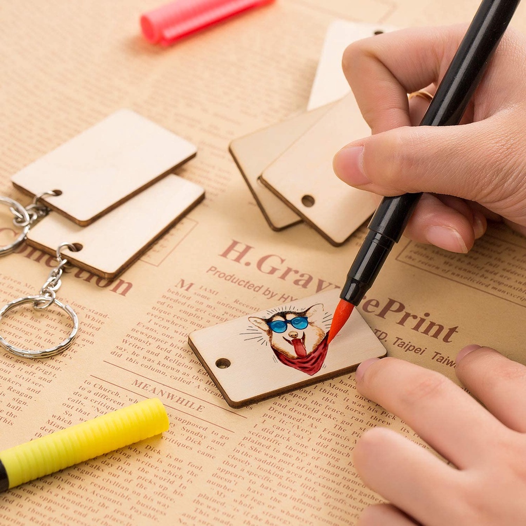 Set 60 Móc Khóa Hình Chữ Nhật Bằng Gỗ Có Thể Tùy Chỉnh DIY