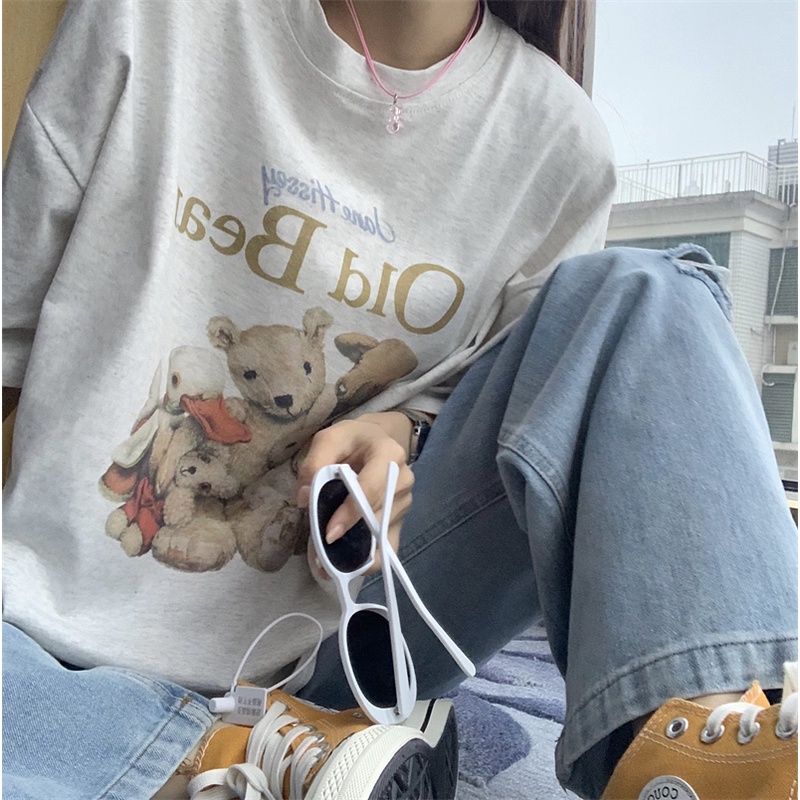 Áo thun SUXI tay ngắn cổ tròn dáng rộng in họa tiết hoạt hình phong cách Hàn Quốc