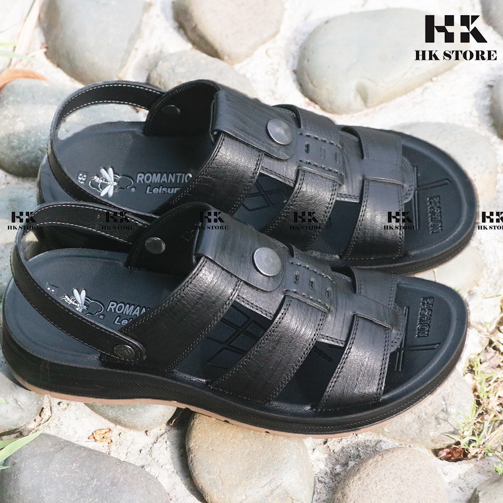 Dép sandal nam cao cấp 💝 HK.STORE 💝 da bò xịn kết hợp đế kếp cao 3,5cm cực đẹp khâu may chân quai công nghệ 2021.