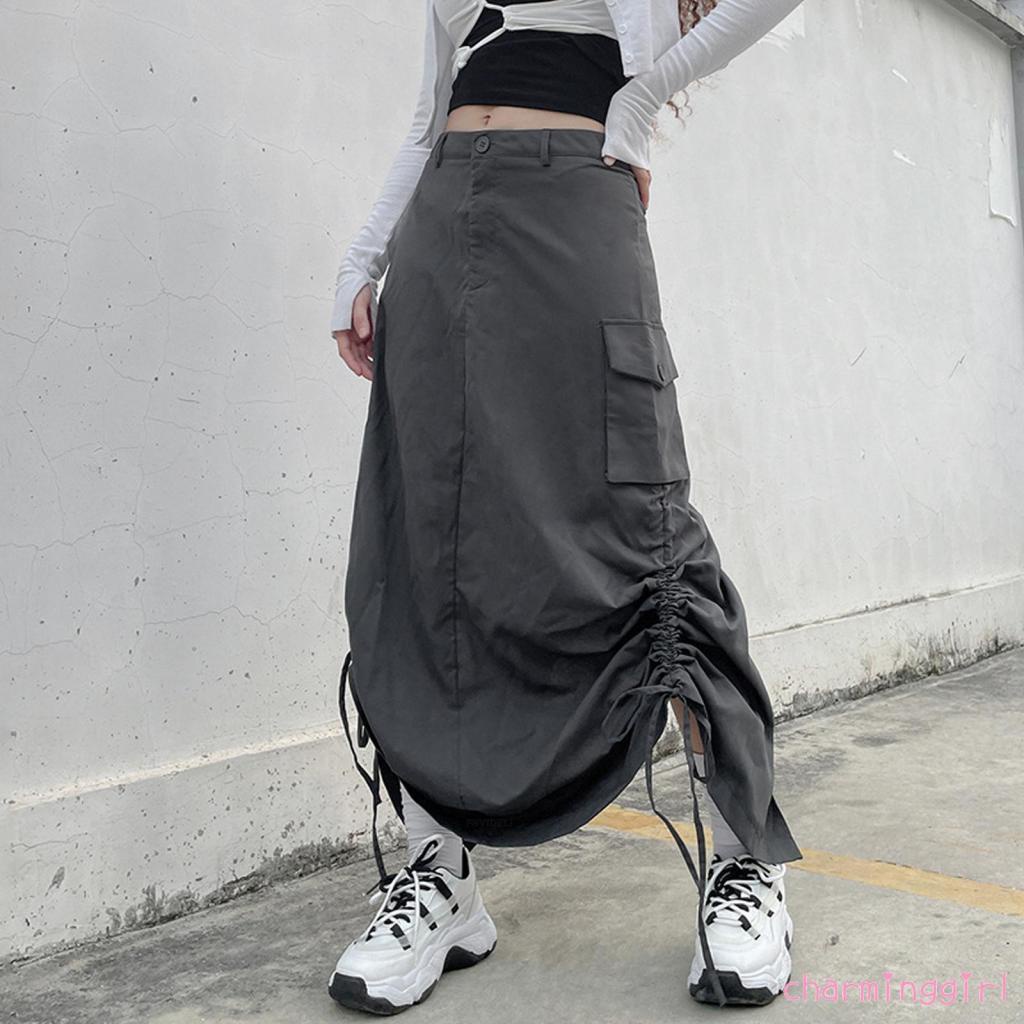 Chm-chân Váy Dài Dáng Rộng Màu Trơn Dây Rút Điều Chỉnh Được Thời Trang Mùa Hè Cho Nữ