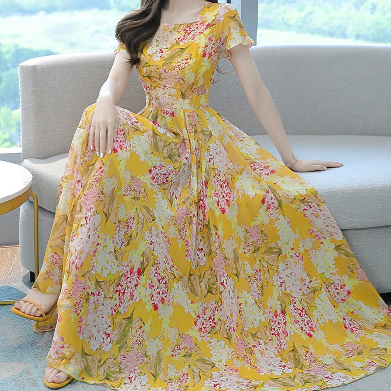 Đầm Maxi Tay Ngắn Cổ Vuông In Hoa Phong Cách Boho Thời Trang Cho Nữ