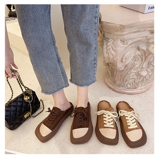 Mango Mũi Vuông Ren-Up Ngón Chân Nửa Dép Sinh Viên Flat Slip-On Giày Trắng Giày Vải