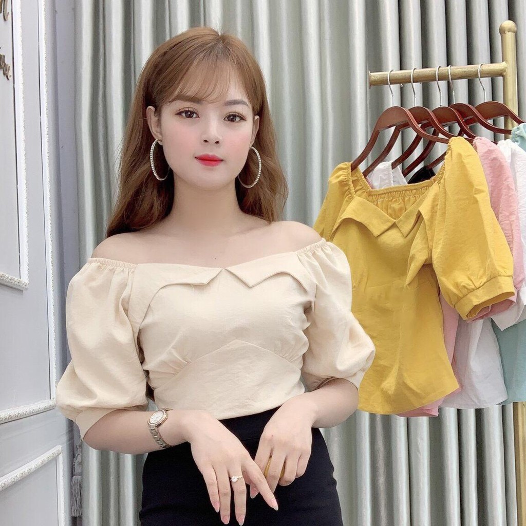 Áo sơ mi nữ công sở ngắn tay thiết kế trễ vai - 5 Màu Trắng, Hồng, Be, Vàng, Đen  - A24 - Thời Trang Nữ Hanlly Fashion | BigBuy360 - bigbuy360.vn