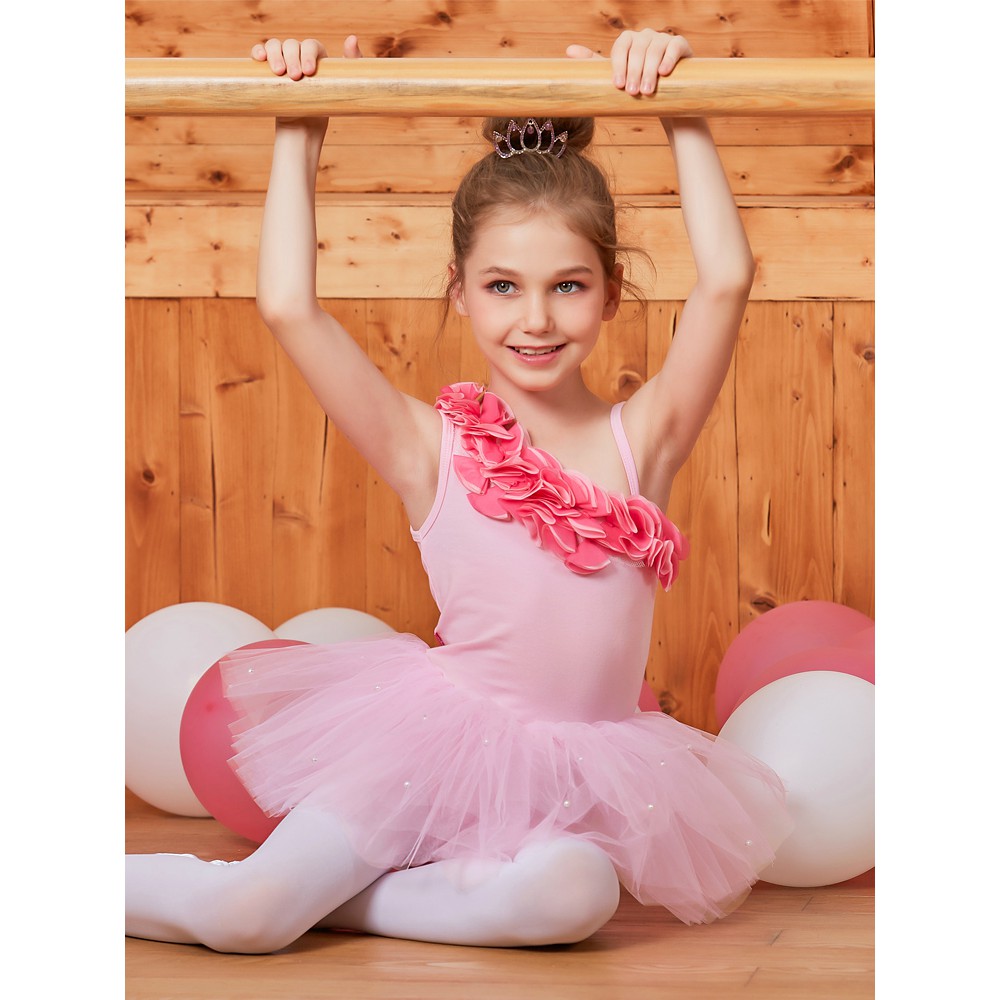 Váy múa bale hồng viền hoa cho bé gái #1022