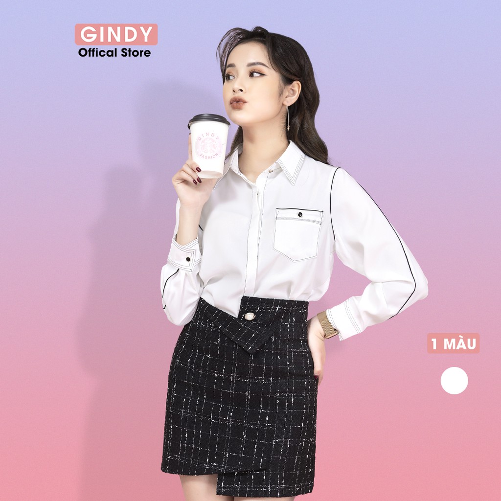 Áo sơ mi nữ lụa trượt tằm GINDY cổ bẻ viền thêu có túi dáng basic suông màu trắng thời trang công sở, học sinh A10035