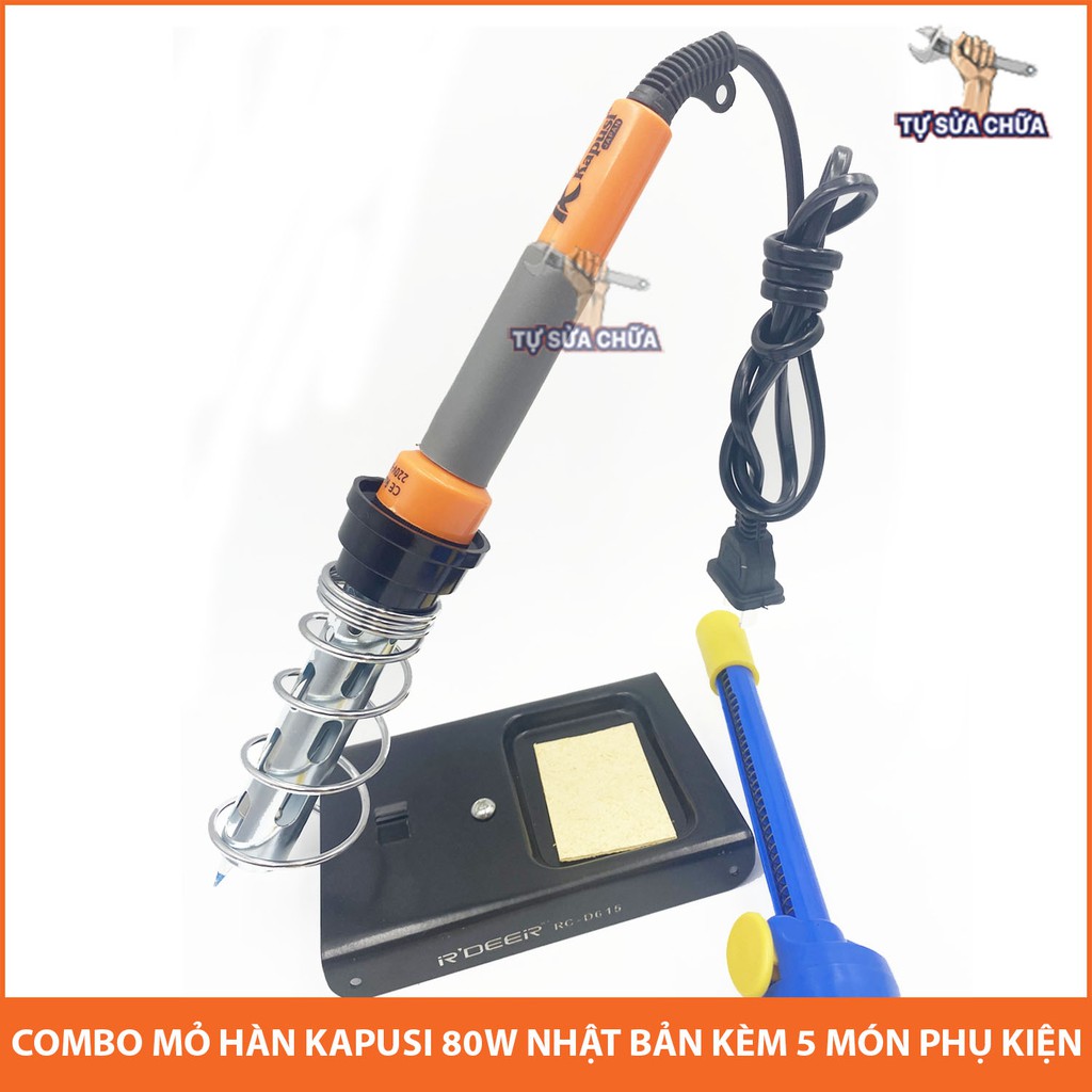 Combo Mỏ Hàn Thiếc 80W  Kapusi K-9038 Kèm 5 Món Phụ Kiện ( Đế gác mỏ hàn, Bọt Biển, Thiếc Sunchi, Nhựa Thông, Hút Thiếc)