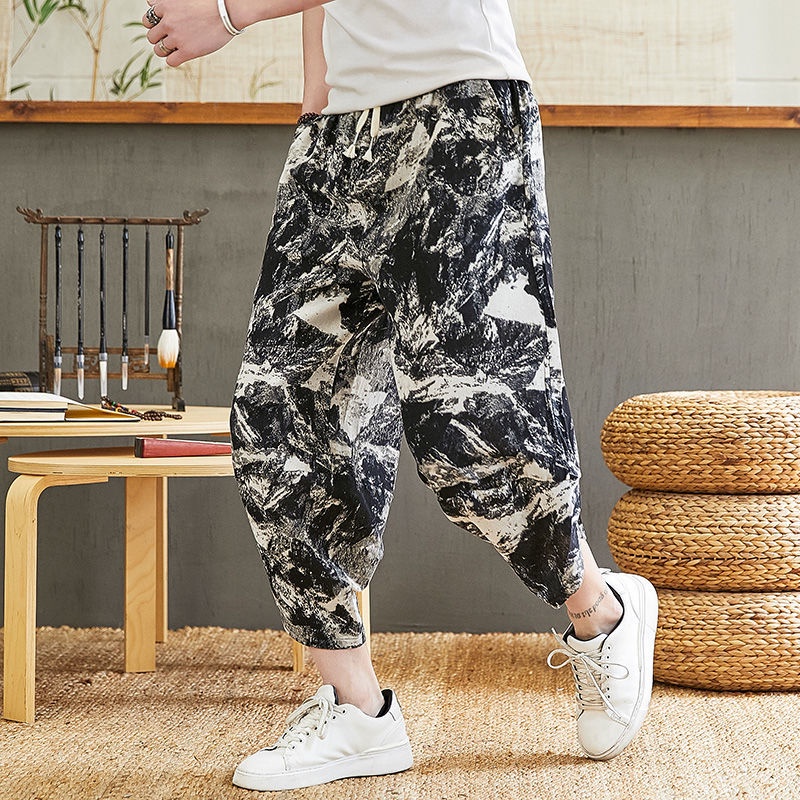 Quần Dài Vải Lanh Cotton Dáng Rộng Cỡ Lớn Họa Tiết Thổ Cẩm Cá Tính Cho Nam