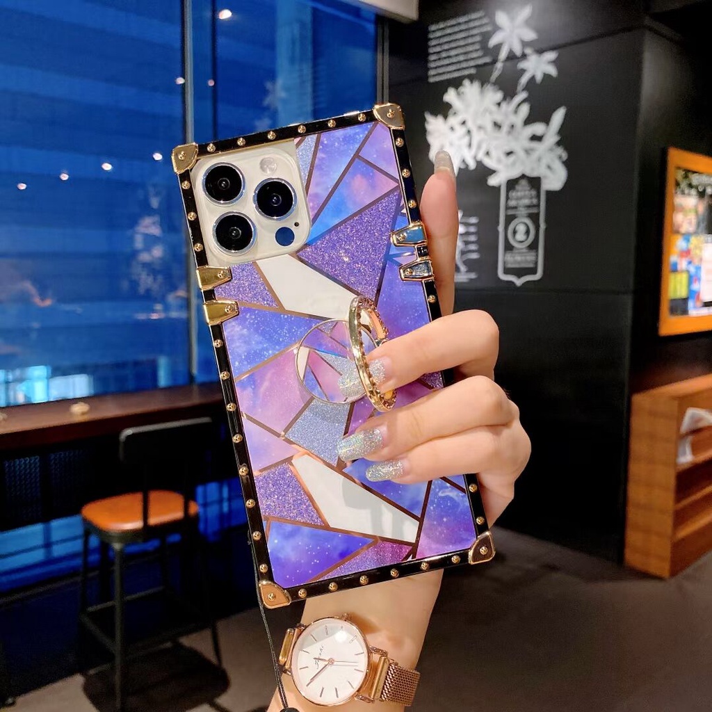 Ốp Điện Thoại Viền Vuông Kim Tuyến Có Vòng Đỡ + Dây Đeo Cho iPhone 6 6S 7 8 Plus X XS Max XR 13 12 Mini 11 Pro Max