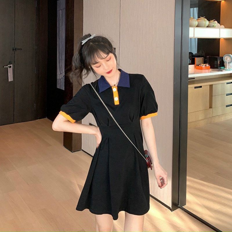 đầm thun xòe cổ bẻ phối màu