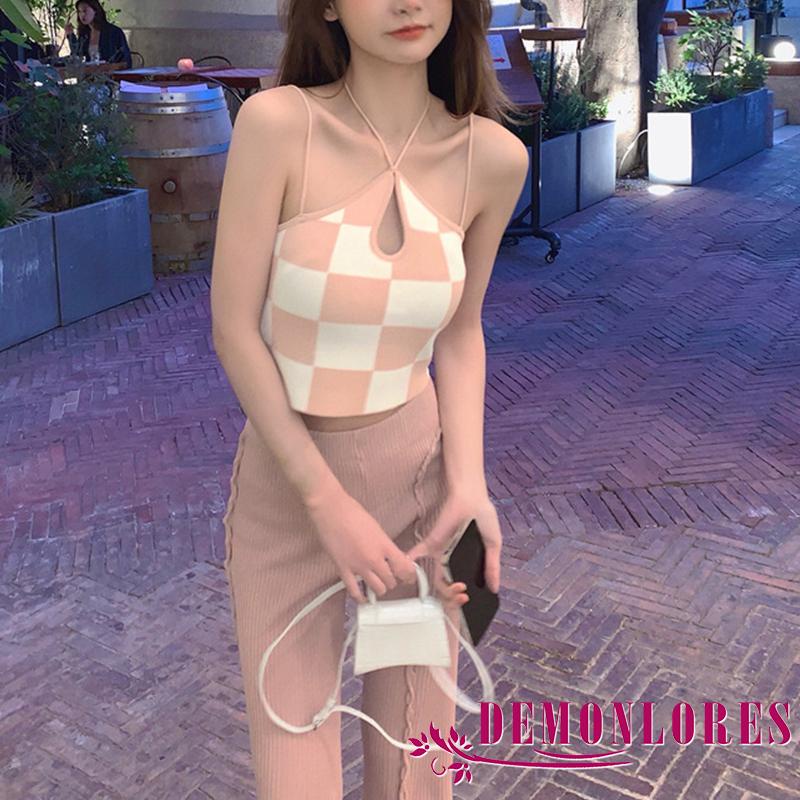 Áo Hai Dây Cổ Chữ V Màu Sắc Tương Phản Họa Tiết Sọc Caro Thời Trang Quyến Rũ Cho Nữ