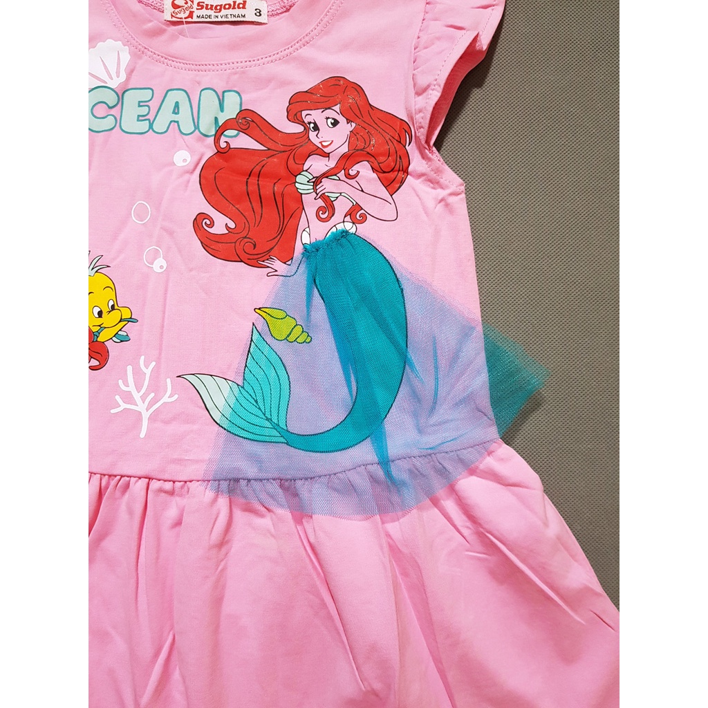 Đầm thun cotton tay cánh tiên mát mẻ in nàng tiên cá ariel cho bé gái