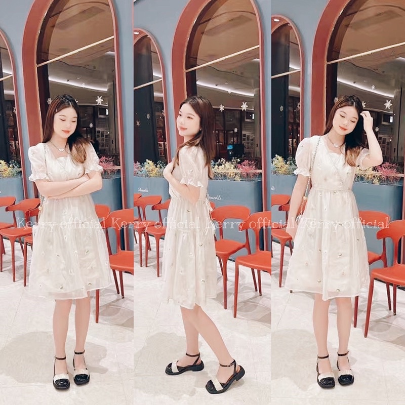 Giày mery jane mũi vuông KERRY vải nhún satin đế bệt phong cách vintage