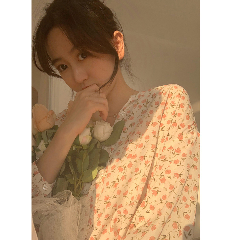 Áo Sơ Mi Dài Tay In Hoa Xinh Xắn Theo Phong Cách Hàn Quốc