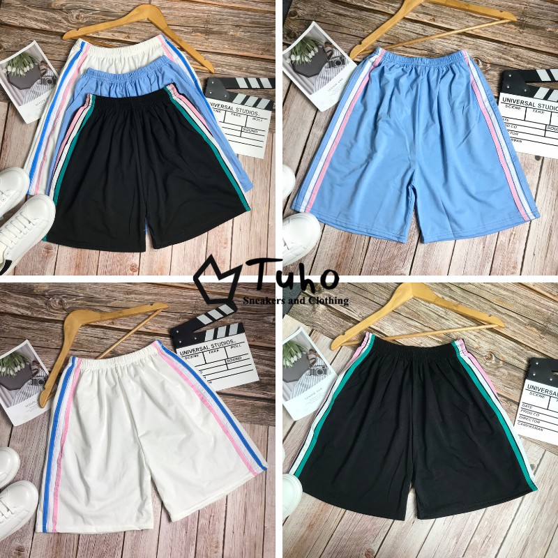 Quần Sooc 3 Sọc RAINBOW TUHO Oversize 🌸 Quần Short Đùi Vải Cotton Ống Rộng Unisex Màu Đen | Trắng | Xanh