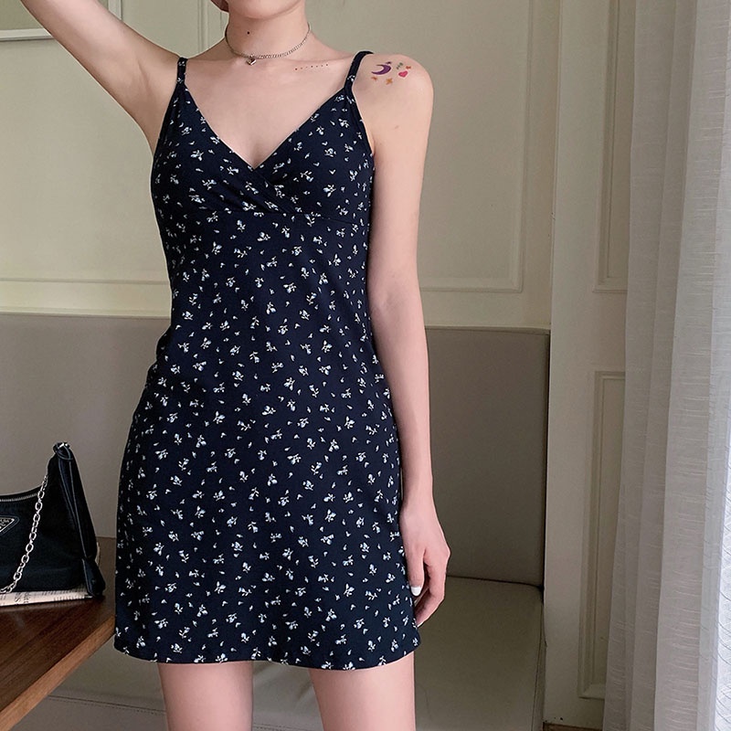 IELGY  Áo Liền Quần Hai Dây Dáng Ngắn In Hoa Màu Xanh Dương Đơn Giản Thời Trang Cho Bạn Gái