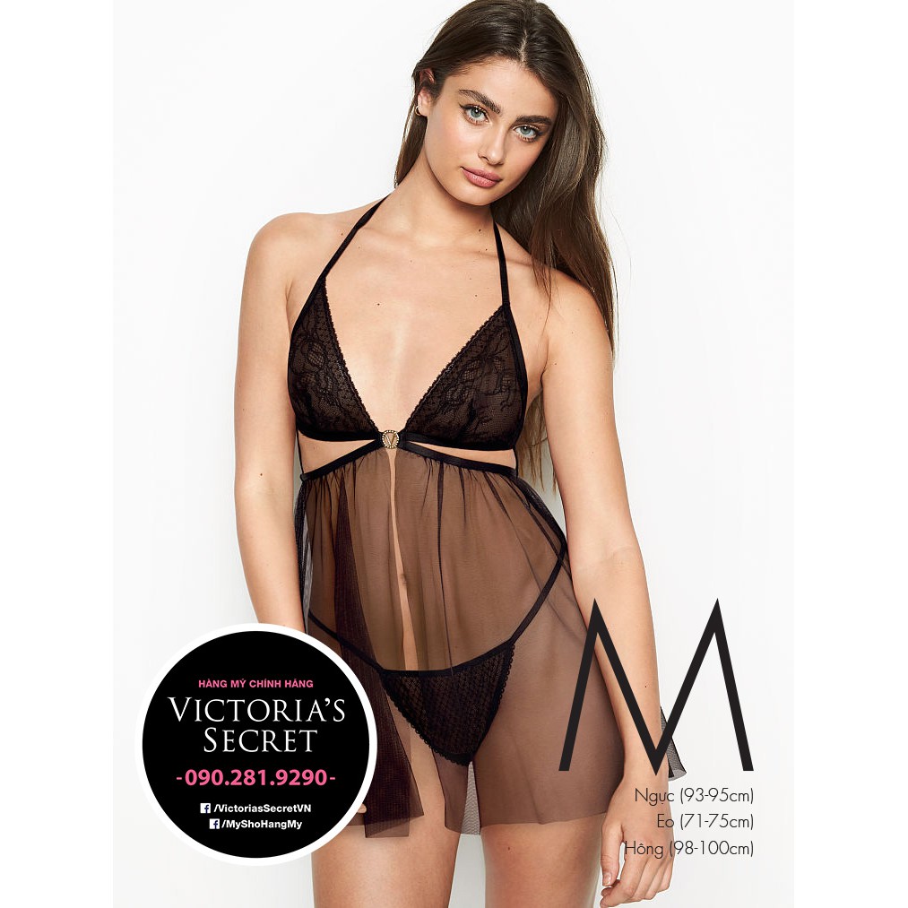 (Sleep M) - Áo ngủ lưới babydoll đen (33) ren sexy, xẻ giữa, dòng Very Sexy, Cutout Black - Victoria's Secret