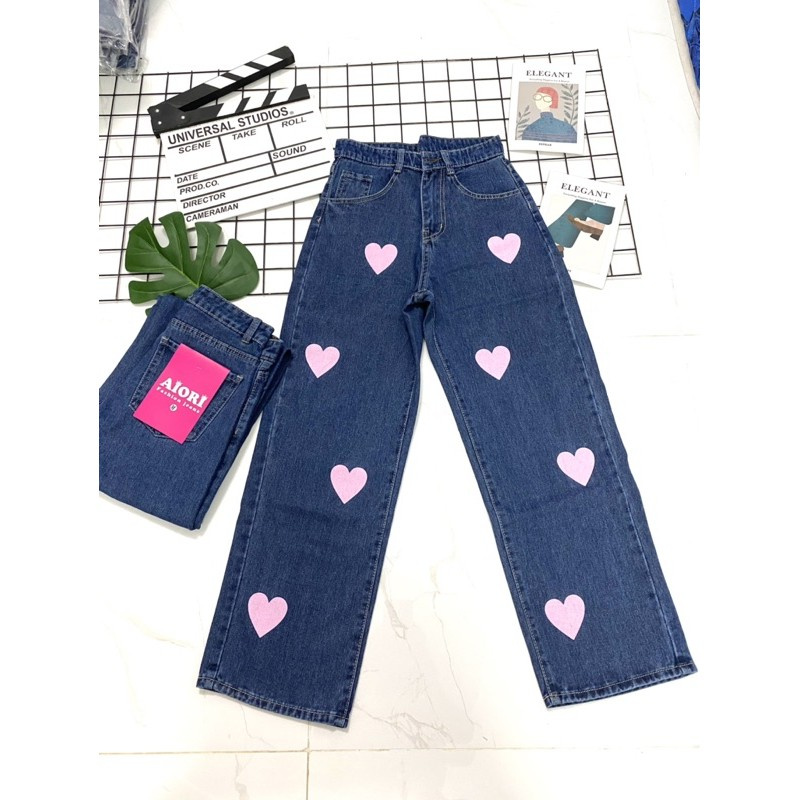 Quần Jeans Nữ - Quần Jean Nữ Chất Cotton Không Giãn, Họa Tiết In Trái Tim Hồng, Ống Rộng Cao Cấp