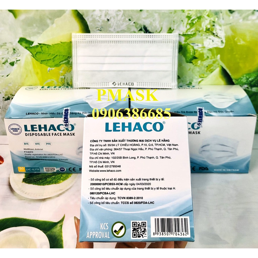 Khẩu trang 4 Lớp Lehaco Màu Trắng kháng khuẩn 50 cái/ hộp - Khẩu trang y tế kháng khuẩn Lehaco