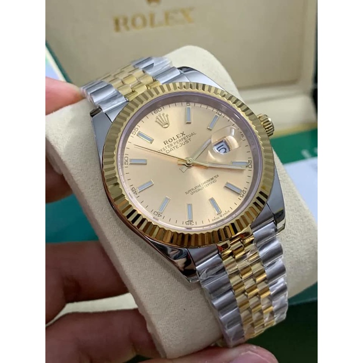 Đồng hồ Nam Rolex máy nhật mặt vàng số gạch dòng cơ Automatic size 38mm