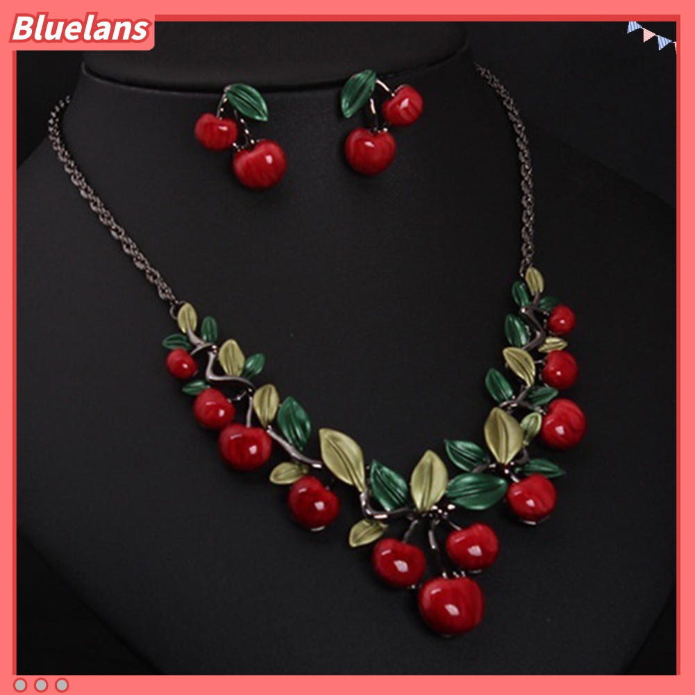 Bluelans♡ 1 Set Vòng cổ Và Bông Tai Hình Trái Cherry Đỏ Phong Cách Cổ Điển