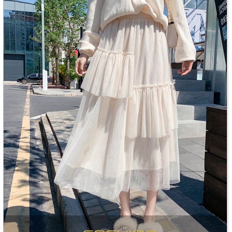 Chân váy dài voan xếp ly màu trắng, đen midi Vintage freesize 79cm 42~62kg, chân váy xếp ly dài công sở | BigBuy360 - bigbuy360.vn