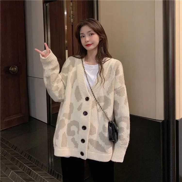 Áo Khoác Cardigan Dệt Kim Dày Dặn Họa Tiết Da Báo Phong Cách Hàn Quốc Thời Trang Xuân Thu Mới Cho Nữ