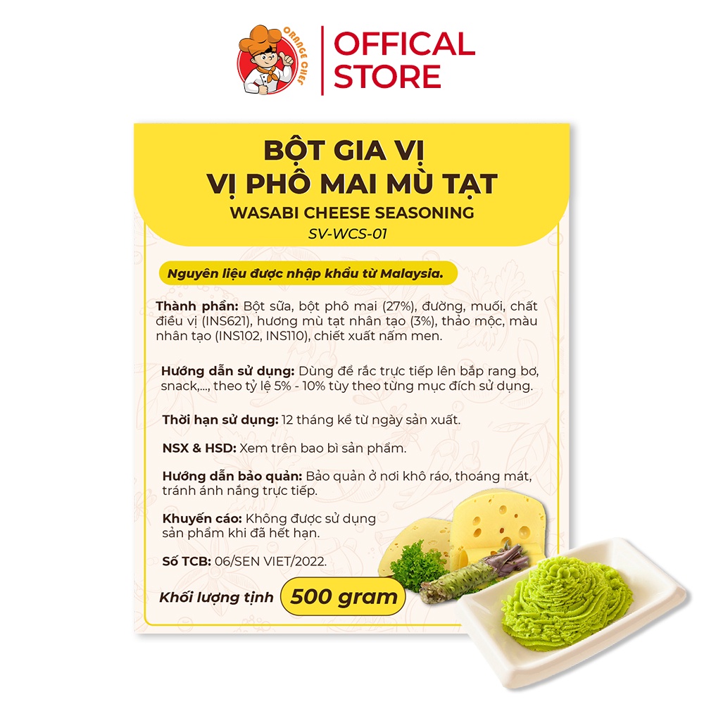 Bột Gia Vị Phô Mai Mù Tạt Wasabi Cheese Seasoning - Orange Chef 500g Túi