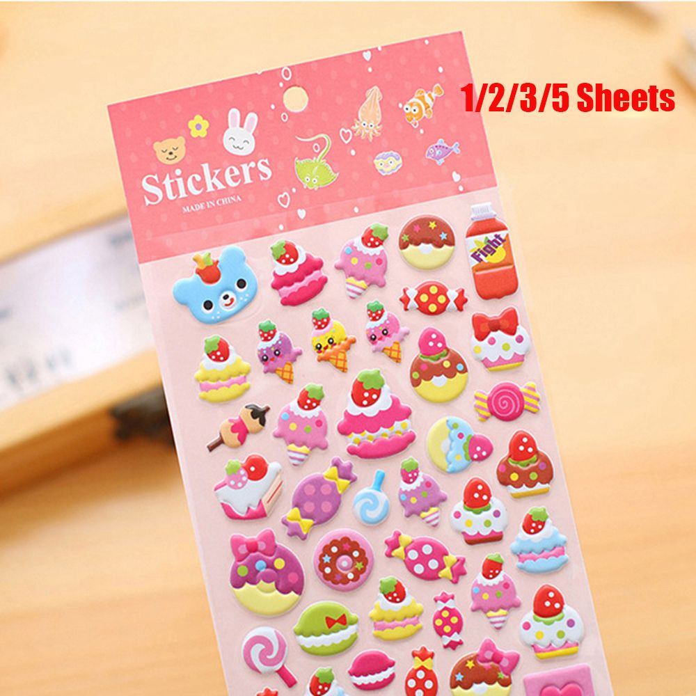 1/2/3/5 Tấm sticker dán hình trái cây/động vật 3D bằng PVC chống thấm nước dễ thương trang trí thủ công cho bé