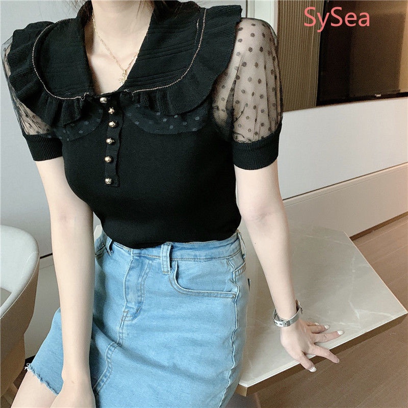 Áo Dệt Kim Cổ Búp Bê Phối Lưới Thời Trang Mùa Hè Cho Nữ