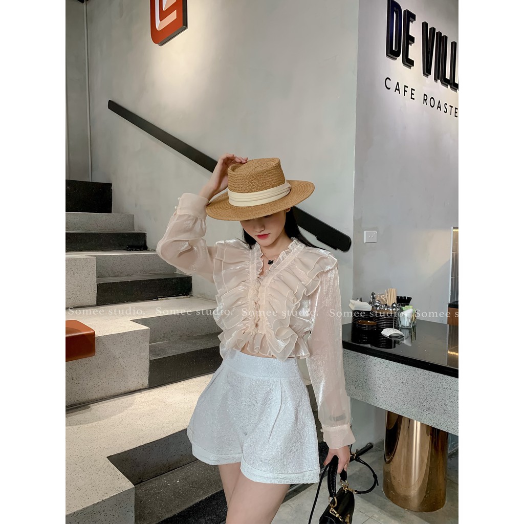 Áo sơ mi croptop bèo tơ xước ánh nhũ Ariel blouse