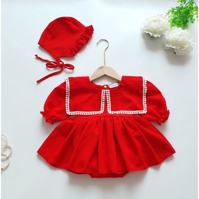Body váy đỏ bé gái kèm mũ