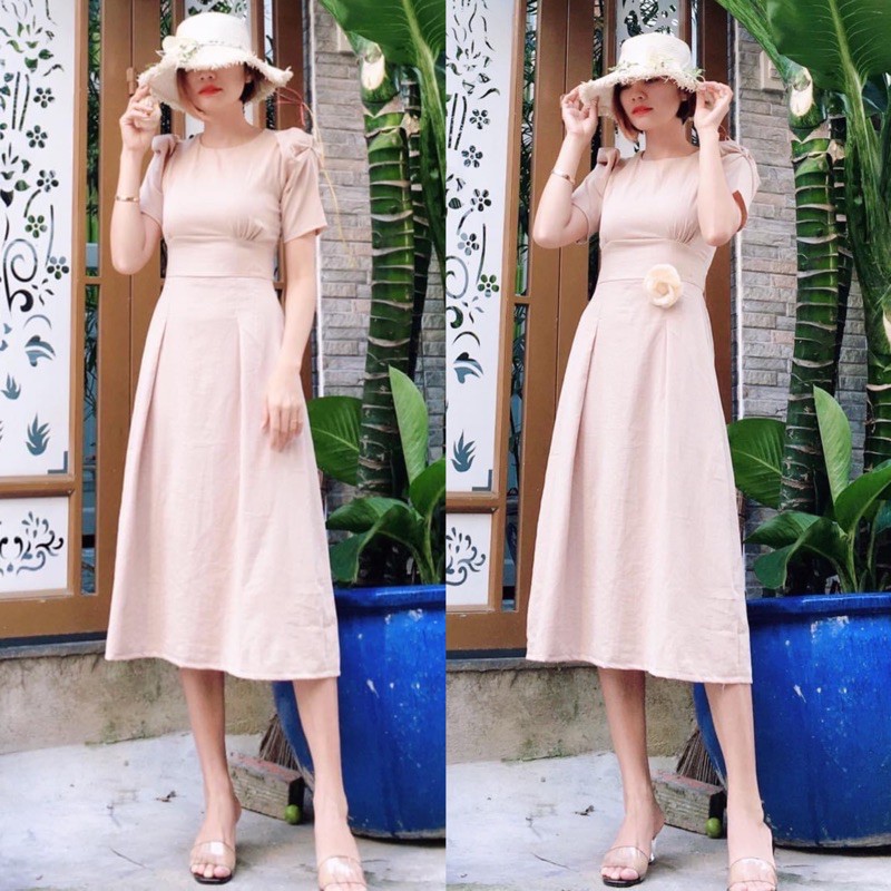 Đầm công sở dự tiệc tay phồng nhíu tay cổ tròn | BigBuy360 - bigbuy360.vn