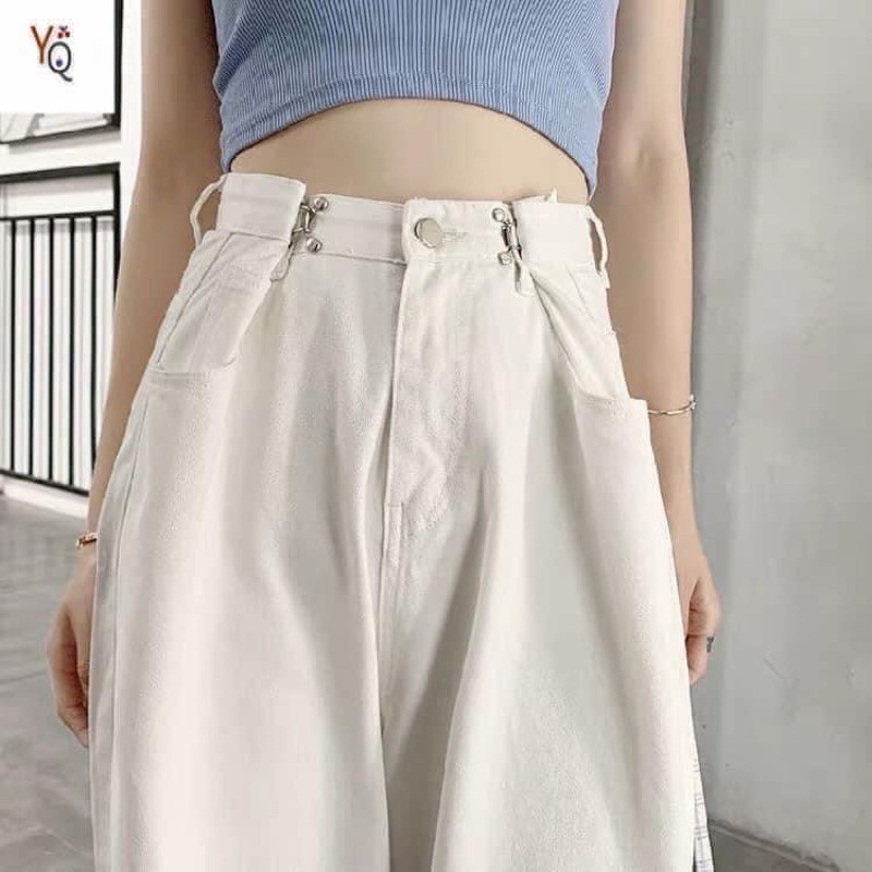 Quần jeans nữ phối khuy gài eo cạp cao ống suông rộng phong cách Ulzzang Hàn Quốc hai màu đen trắng basic chuẩn loại 1