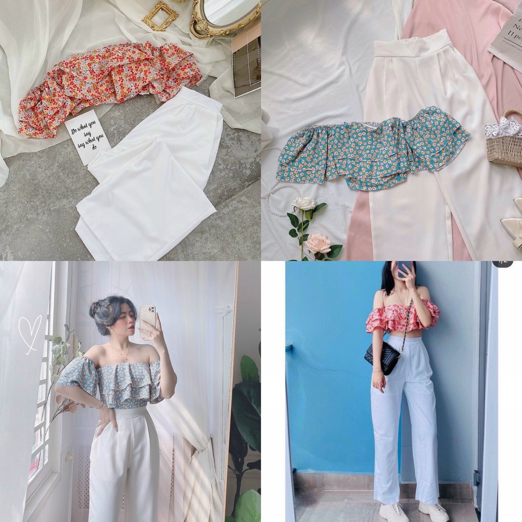 Set áo crop hoa bẹt vai + quần ống rộng  KÈM ẢNH THẬT  BAO KIỂM ❌